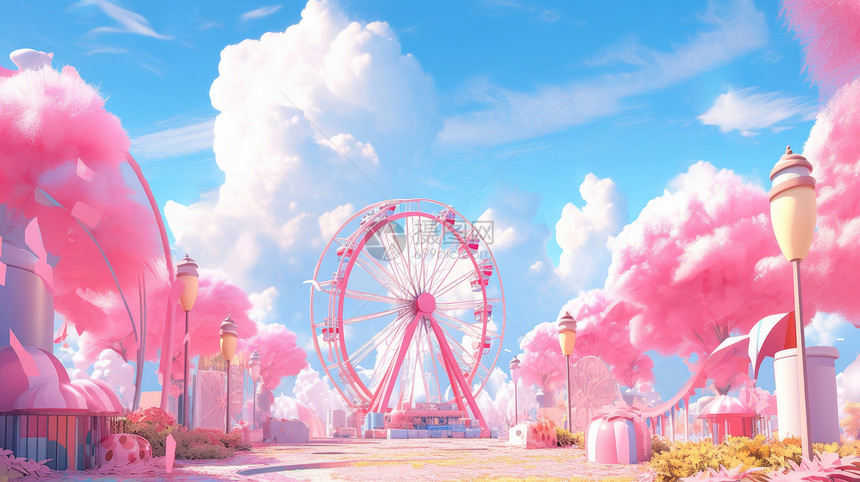 有很多粉色树木的梦幻卡通游乐场图片