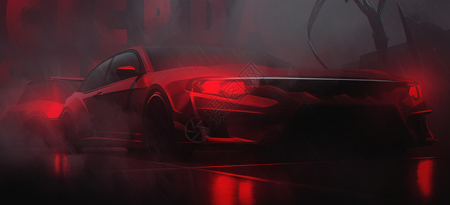 烟雾科技雨中红色霓虹光炫酷的卡通汽车插画