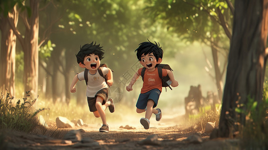 背着书包一起奔跑去上学的两个卡通小男孩图片