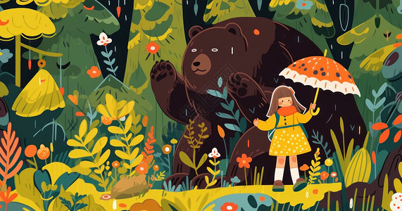 在森林中憨憨的卡通大熊与可爱的卡通小女孩背景图片