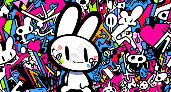 涂鸦风可爱的卡通小白兔背景图片