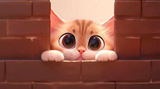 立体墙背景躲在墙缝隙的可爱大眼睛卡通小猫插画