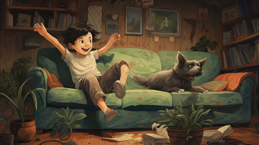 沙发和狗坐在沙发上跟宠物狗一起开心看电视的卡通男孩插画