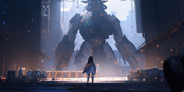 站在巨大机器人下的长发卡通小女孩背影背景图片