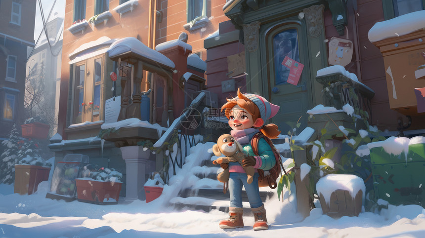 冬天抱着玩具背着书包站在屋前准备去上学的可爱卡通小女孩图片