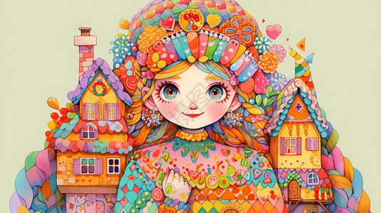 炫彩可爱的卡通小公主与小房子插画背景图片