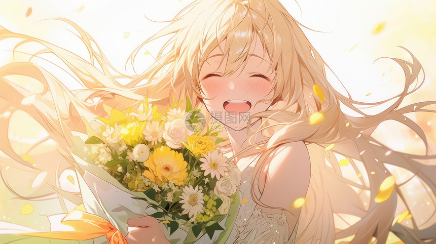 金色长发卡通女孩抱着花束开心笑图片