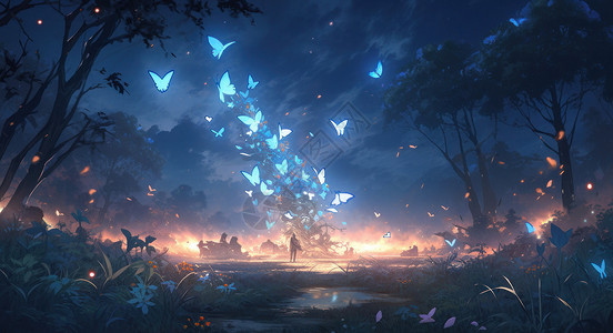 夜晚森林深处很多发光的蓝色小蝴蝶背景图片