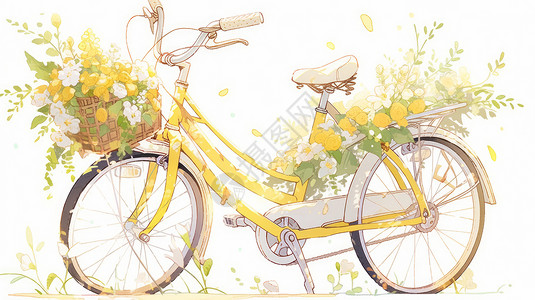 复古自行车黄色卡通自行车带着花朵插画