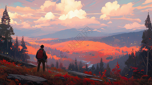 秋天徒步秋天傍晚站在高处背着红色包向远处眺望的卡通人物背影插画