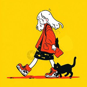 穿红色外套正在走路的卡通女孩与宠物猫高清图片