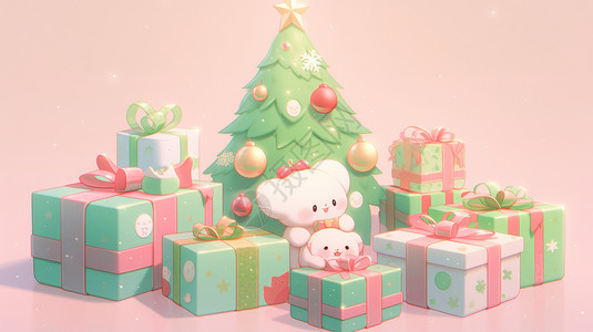 圣诞树与可爱的卡通礼物盒图片