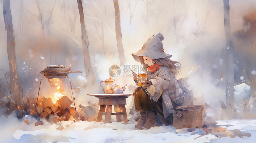 冬天雪后在森林中喝热茶的卡通女孩图片