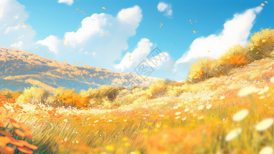 秋天唯美的卡通山坡上长满野草背景图片