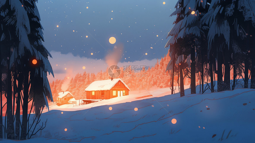 冬天在森林中温馨的卡通小木屋图片