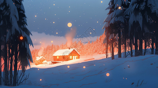 树林村落冬天在森林中温馨的卡通小木屋插画