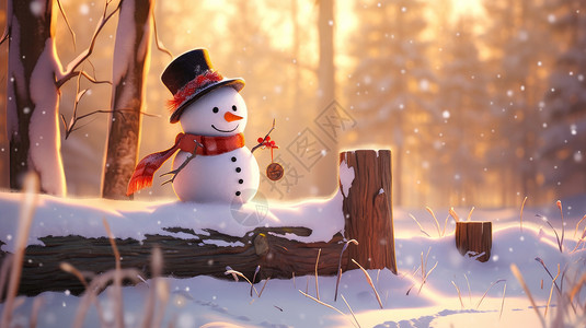 可爱的雪人冬天在木头上戴礼帽的可爱卡通小雪人插画
