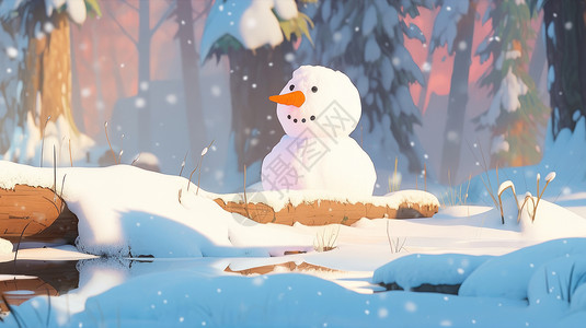 有胡萝卜鼻子的可爱卡通小雪人在森林中高清图片
