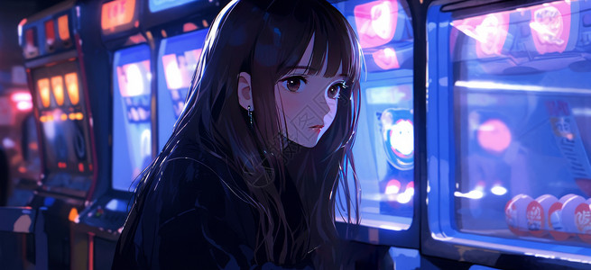 游戏厅夜晚坐在游戏机旁的时尚卡通女孩插画