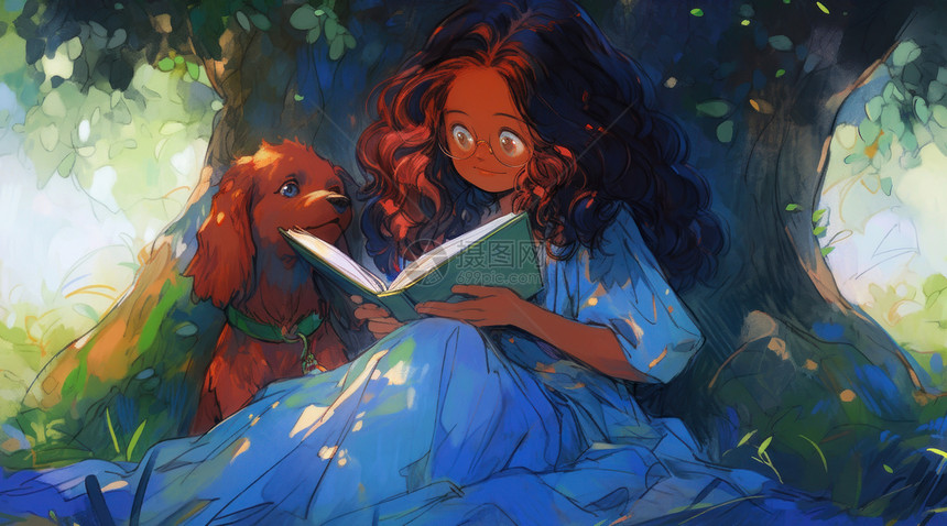 深色皮肤可爱的长发卡通小女孩与小狗在树下看书图片