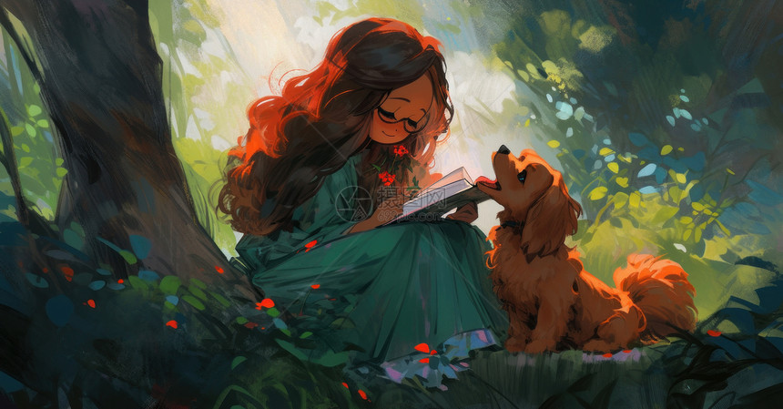 与卡通小狗在森林中看书的可爱卡通女孩图片