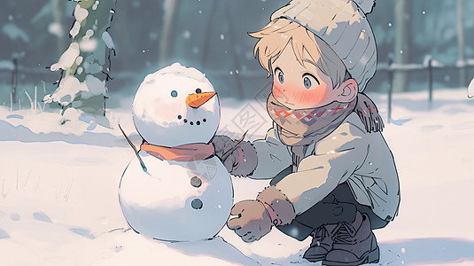 冬天在森林中堆雪人的卡通小男孩背景图片