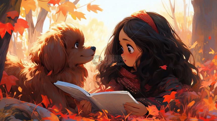 秋天在枫叶林中给小狗讲故事的可爱卡通小女孩图片