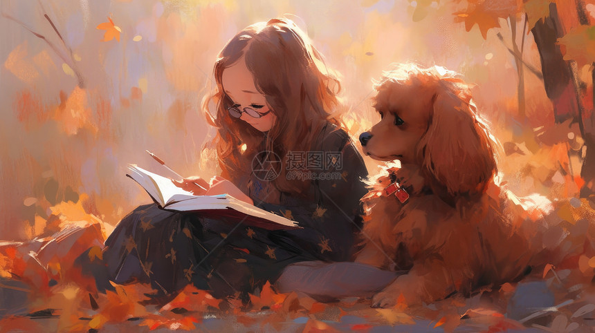 坐满地落叶的树林中与小狗一起看书的可爱卡通小女孩图片