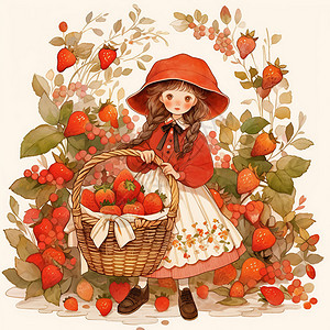 摘一大筐草莓的可爱卡通小女孩图片