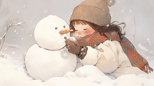 闭眼小女孩大雪中闭眼抱着雪人的可爱卡通小女孩插画