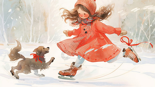 滑冰的小女孩穿粉红色裙子与宠物狗在雪地中玩耍的可爱卡通小女孩插画