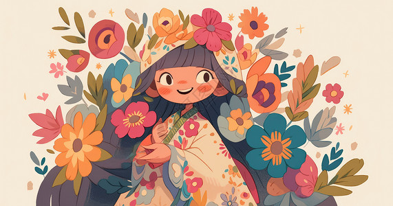 被花朵包围的可爱卡通小女孩背景图片