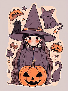 万圣节戴着女巫帽子的卡通小女孩与小黑猫图片