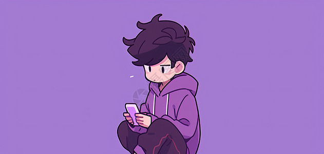 穿紫色卫衣蹲着看手机的可爱卡通小男孩图片