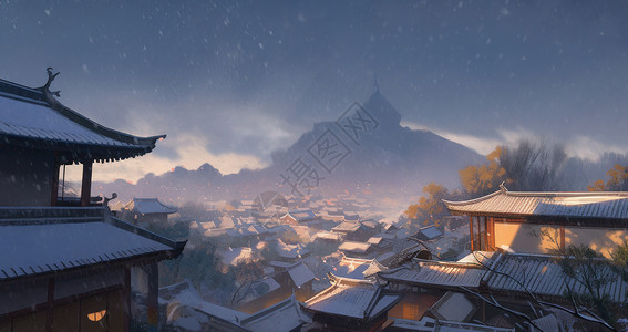 傍晚大雪中的古风卡通城市背景图片