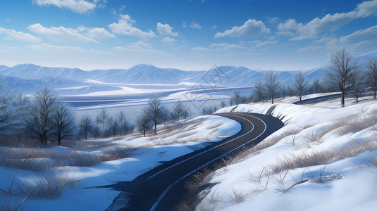 冬天雪后唯美的卡通山水风景与一条弯弯的公路高清图片
