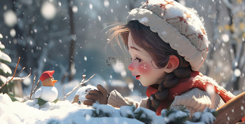大雪中脸冻的通红开心笑的卡通小女孩图片