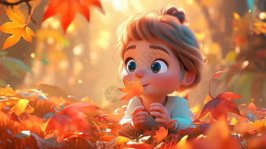 秋天在森林中捡树叶的可爱卡通小女孩背景图片