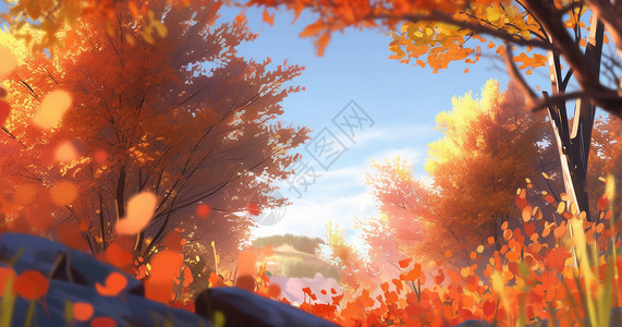 秋天树林中唯美卡通风景背景图片