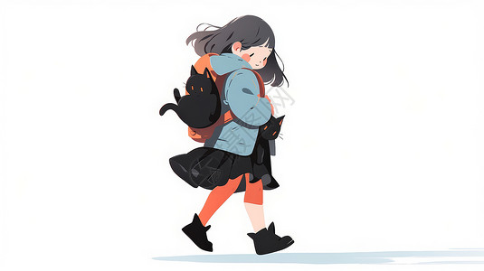 背着小黑猫走路的穿蓝色外套卡通小女孩背景图片