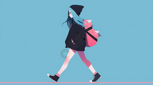 背着粉色背包大步走路的卡通女孩背景图片