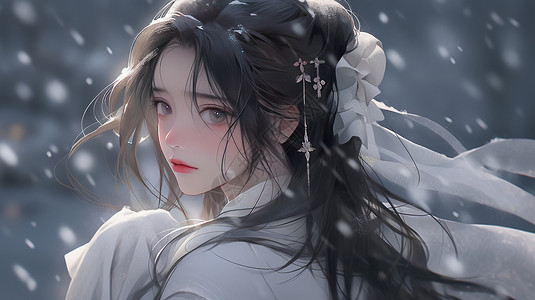 冬天在大雪中的古风装扮卡通女孩图片
