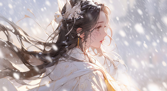 冬季雪中人物优雅长发卡通女人冬天在大雪中插画