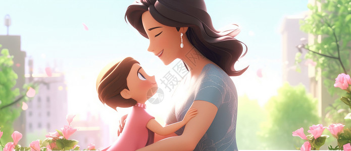 感恩节互相对视的卡通母亲和孩子背景图片