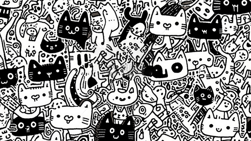 黑白涂鸦风卡通小猫背景图片