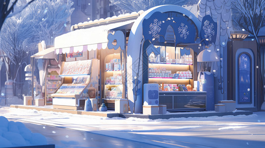 便利店卡通冬天雪后在路边的卡通便利店插画