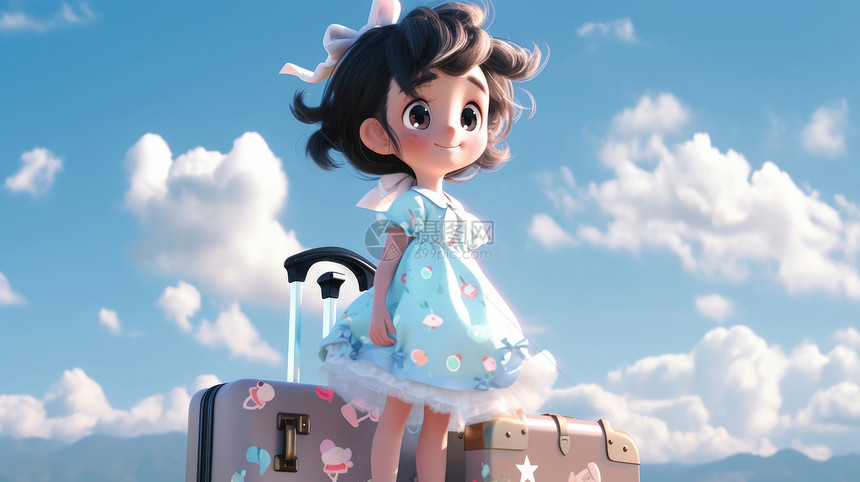 站在旅行箱旁穿蓝色小花裙的卡通女孩图片