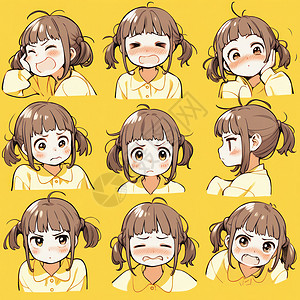 穿黄色衣服可爱的卡通小女孩各种表情图片