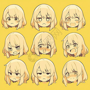 浅黄色头发可爱的卡通女孩各种表情背景图片