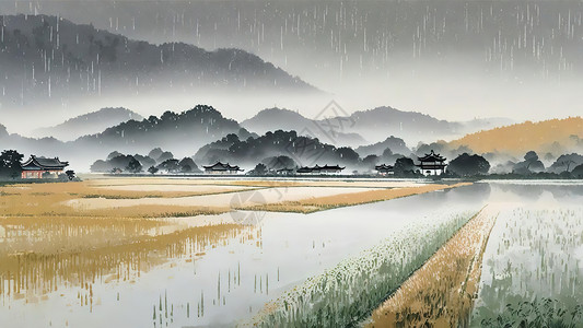 烟雨中的稻田田园图片